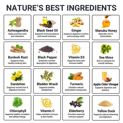 Sea Moss Gummies 16-in-1 - Ashwagandha Black Seed Oil Bladder Wrack Turmeric Vitamin C & D3 with Manuka Burdock Root Dandelion Yellow Dock Natural Detox & Liver Health Immune Support, Energy Boost - dailyvitalstore