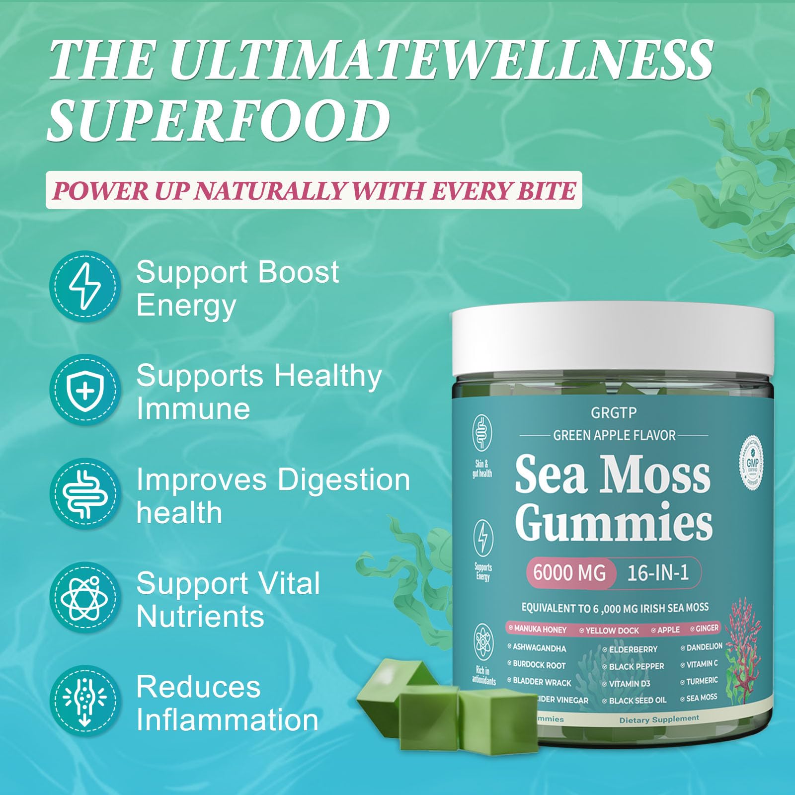 Sea Moss Gummies 16-in-1 - Ashwagandha Black Seed Oil Bladder Wrack Turmeric Vitamin C & D3 with Manuka Burdock Root Dandelion Yellow Dock Natural Detox & Liver Health Immune Support, Energy Boost - dailyvitalstore