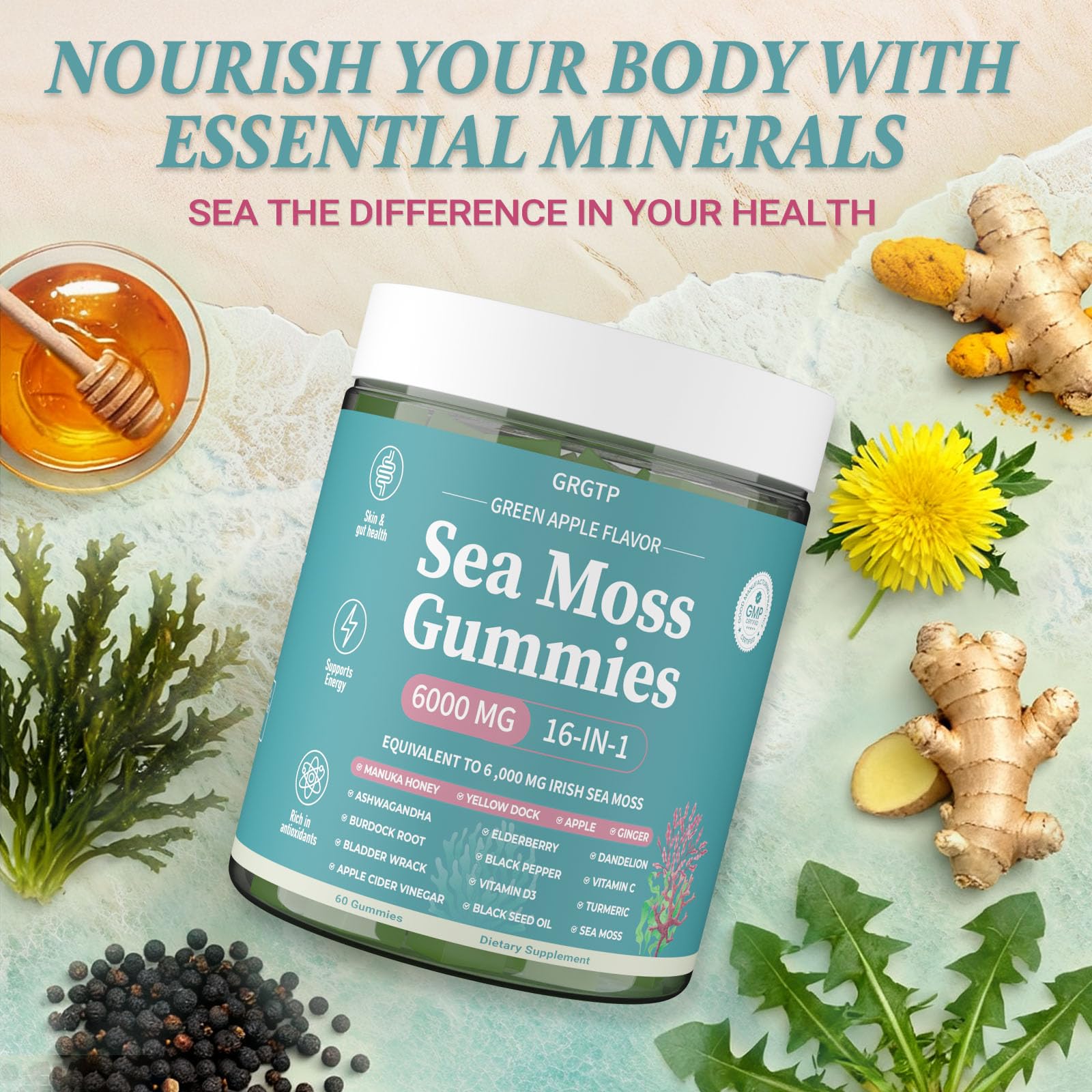 Sea Moss Gummies 16-in-1 - Ashwagandha Black Seed Oil Bladder Wrack Turmeric Vitamin C & D3 with Manuka Burdock Root Dandelion Yellow Dock Natural Detox & Liver Health Immune Support, Energy Boost - dailyvitalstore