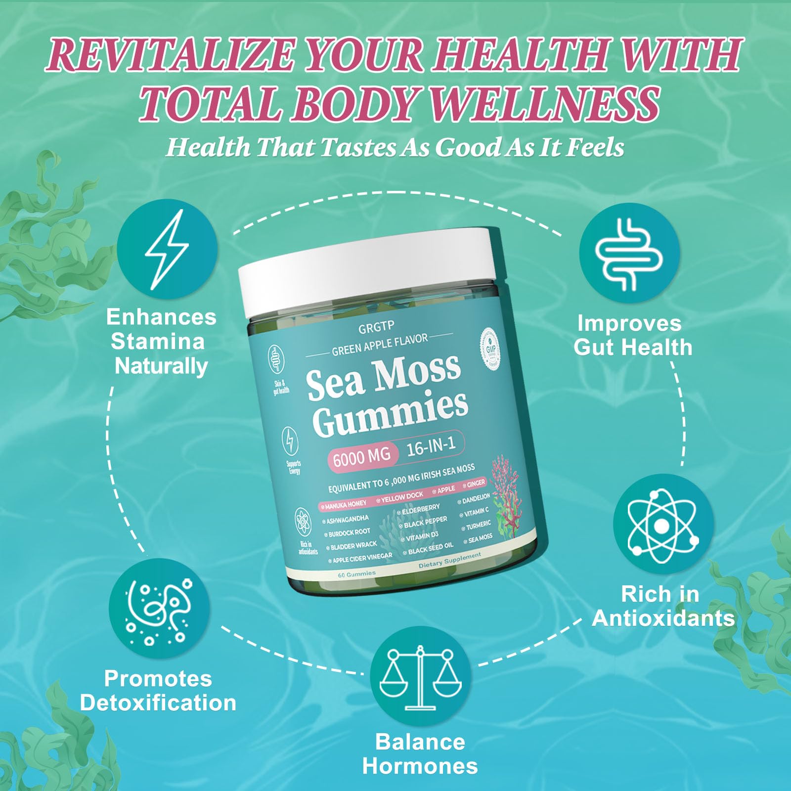Sea Moss Gummies 16-in-1 - Ashwagandha Black Seed Oil Bladder Wrack Turmeric Vitamin C & D3 with Manuka Burdock Root Dandelion Yellow Dock Natural Detox & Liver Health Immune Support, Energy Boost - dailyvitalstore