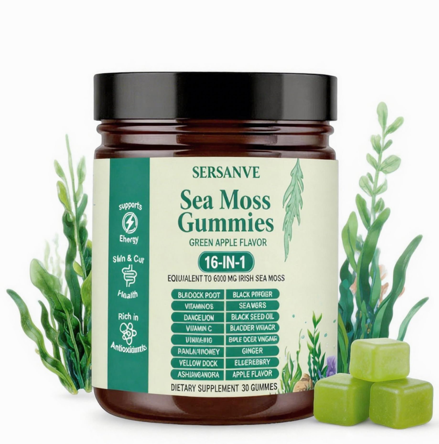 Sea Moss Gummies 16-in-1, with Black Seed Oil, Ashwagandha & Elderberry | Organic Irish Sea Moss Supplement for Men & Women | Daily Support with Manuka, Burdock Root & Vitamins C & D3, 30 Gummies - dailyvitalstore
