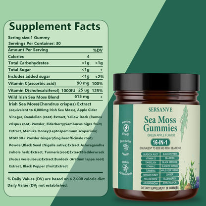 Sea Moss Gummies 16-in-1, with Black Seed Oil, Ashwagandha & Elderberry | Organic Irish Sea Moss Supplement for Men & Women | Daily Support with Manuka, Burdock Root & Vitamins C & D3, 30 Gummies - dailyvitalstore