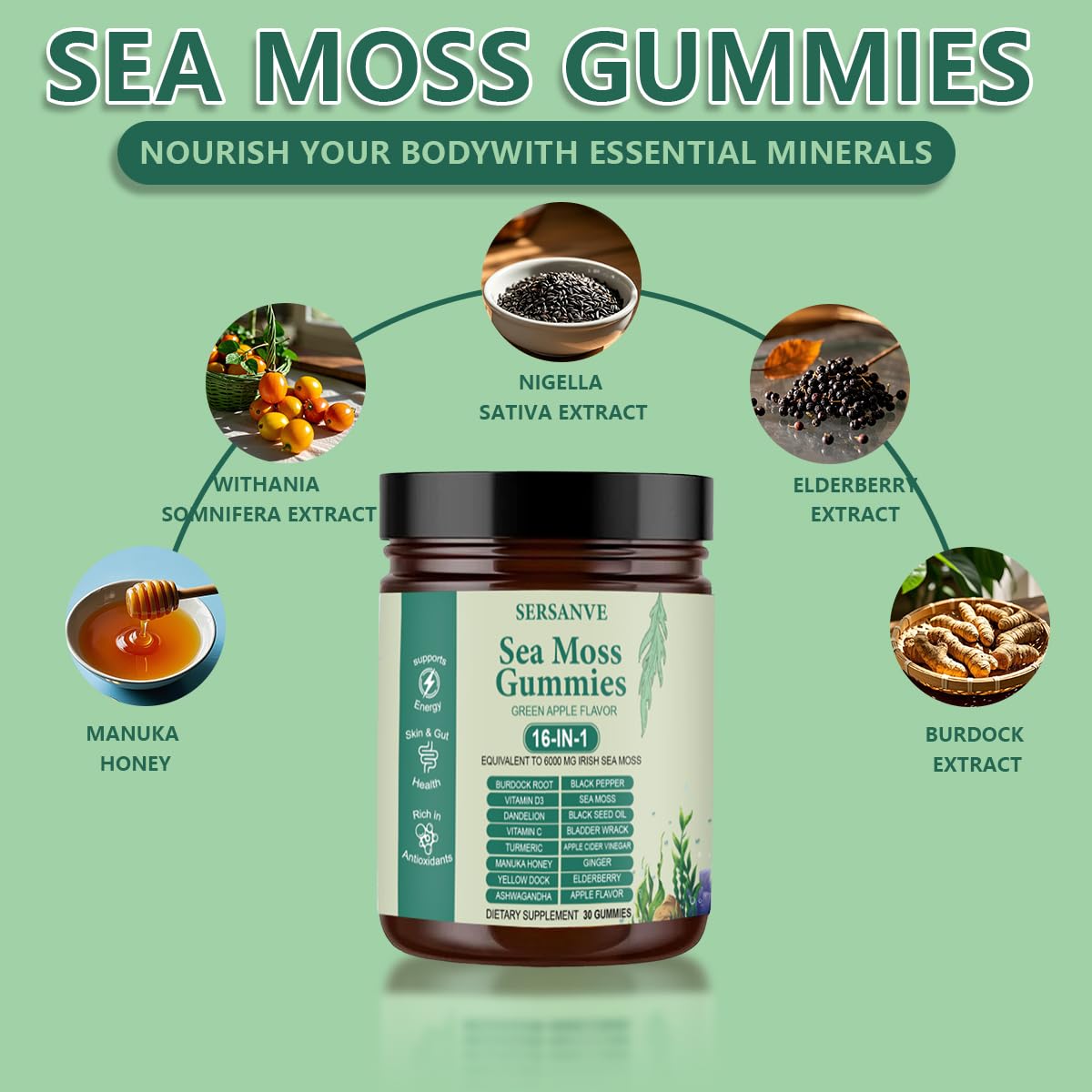 Sea Moss Gummies 16-in-1, with Black Seed Oil, Ashwagandha & Elderberry | Organic Irish Sea Moss Supplement for Men & Women | Daily Support with Manuka, Burdock Root & Vitamins C & D3, 30 Gummies - dailyvitalstore