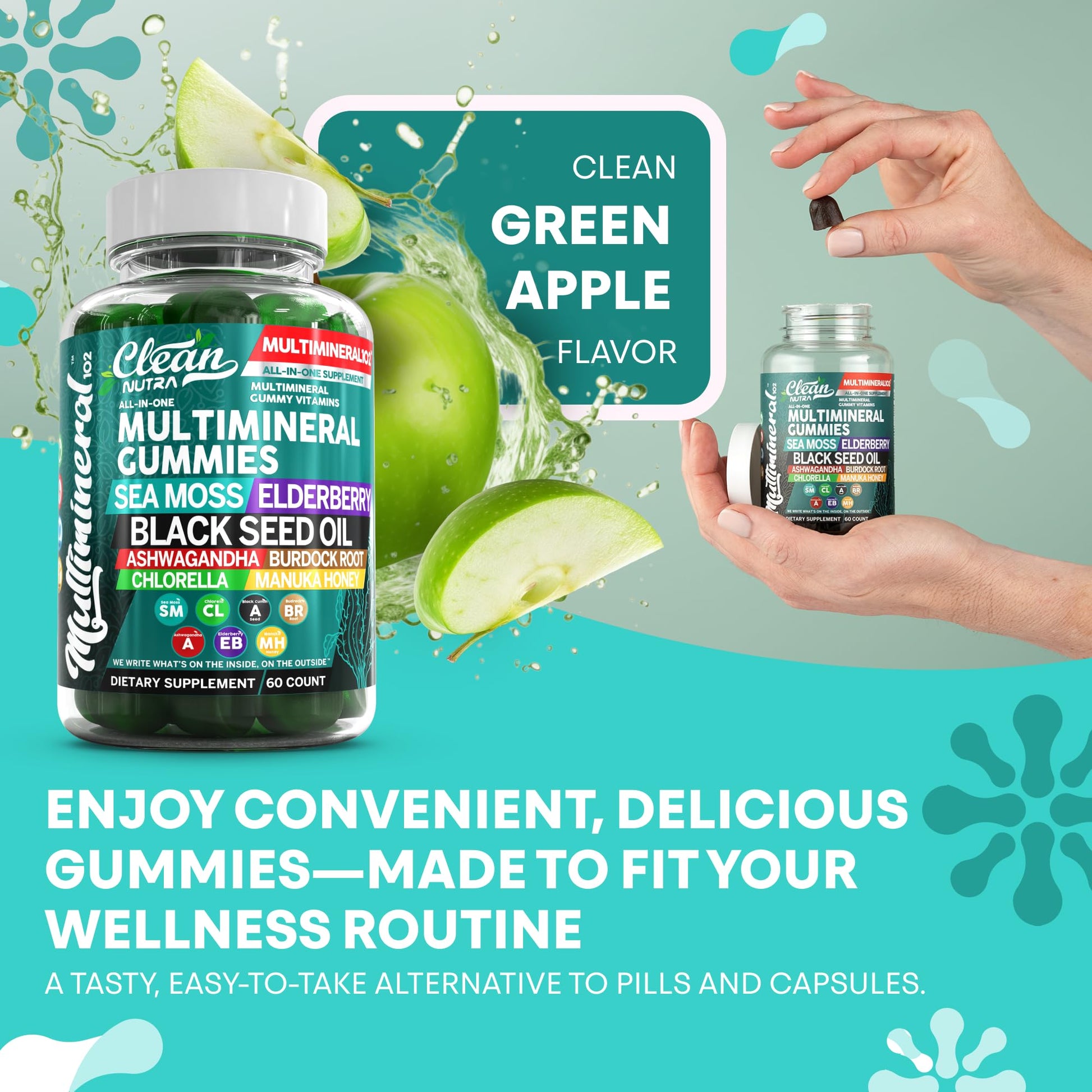 Sea Moss Gummies | Clinically Tested - Black Seed Oil Ashwagandha Elderberry Burdock Root Chlorella Manuka Honey - Vegan Irish Sea Moss Gummy Vitamins for Adults Kids Men Women - Green Apple Flavor - dailyvitalstore