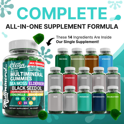 Sea Moss Gummies | Clinically Tested - Black Seed Oil Ashwagandha Elderberry Burdock Root Chlorella Manuka Honey - Vegan Irish Sea Moss Gummy Vitamins for Adults Kids Men Women - Green Apple Flavor - dailyvitalstore