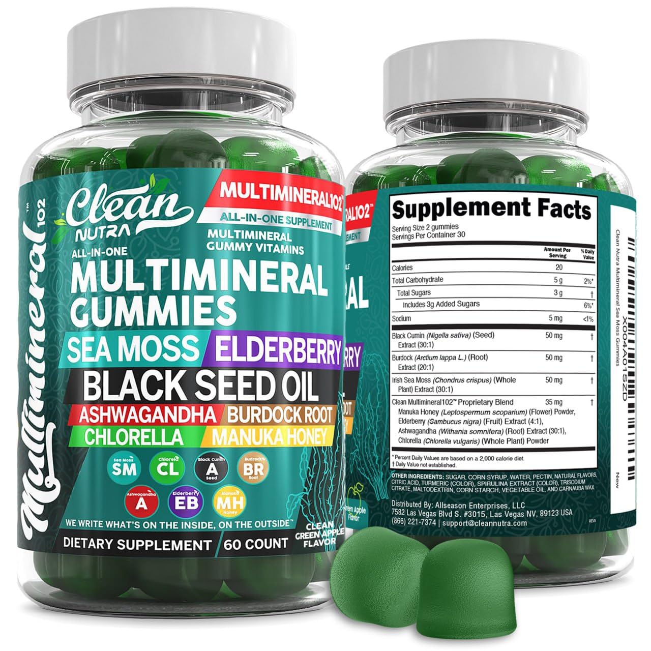 Sea Moss Gummies | Clinically Tested - Black Seed Oil Ashwagandha Elderberry Burdock Root Chlorella Manuka Honey - Vegan Irish Sea Moss Gummy Vitamins for Adults Kids Men Women - Green Apple Flavor - dailyvitalstore