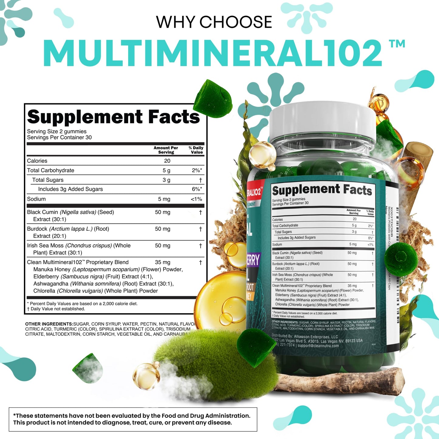 Sea Moss Gummies | Clinically Tested - Black Seed Oil Ashwagandha Elderberry Burdock Root Chlorella Manuka Honey - Vegan Irish Sea Moss Gummy Vitamins for Adults Kids Men Women - Green Apple Flavor - dailyvitalstore