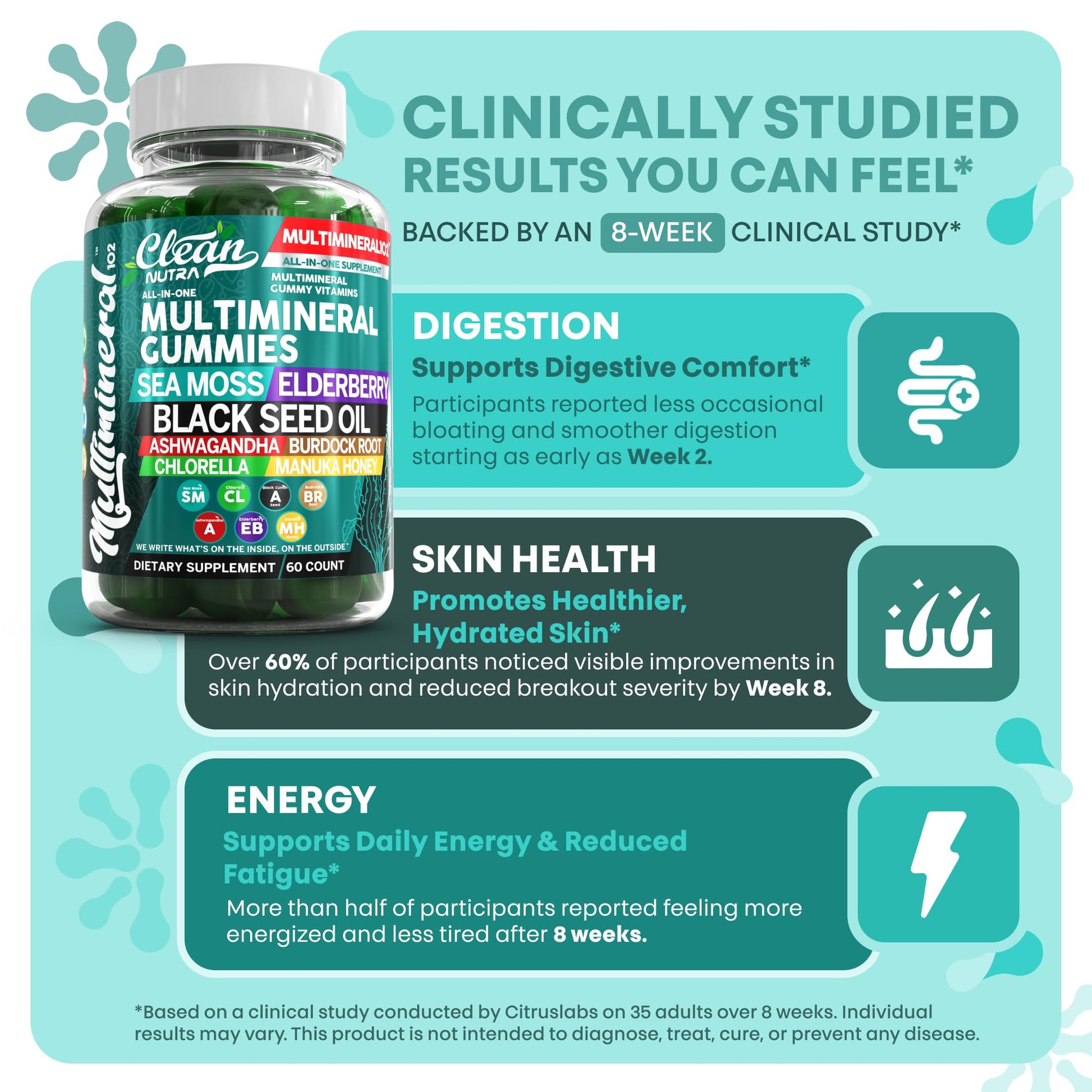 Sea Moss Gummies | Clinically Tested - Black Seed Oil Ashwagandha Elderberry Burdock Root Chlorella Manuka Honey - Vegan Irish Sea Moss Gummy Vitamins for Adults Kids Men Women - Green Apple Flavor - dailyvitalstore