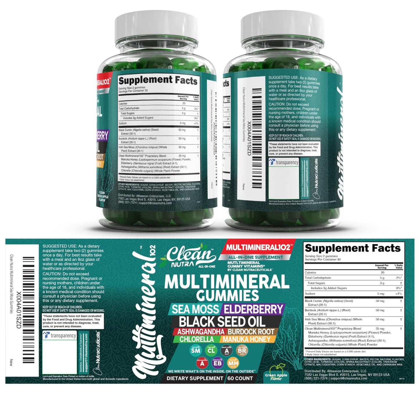 Sea Moss Gummies | Clinically Tested - Black Seed Oil Ashwagandha Elderberry Burdock Root Chlorella Manuka Honey - Vegan Irish Sea Moss Gummy Vitamins for Adults Kids Men Women - Green Apple Flavor - dailyvitalstore