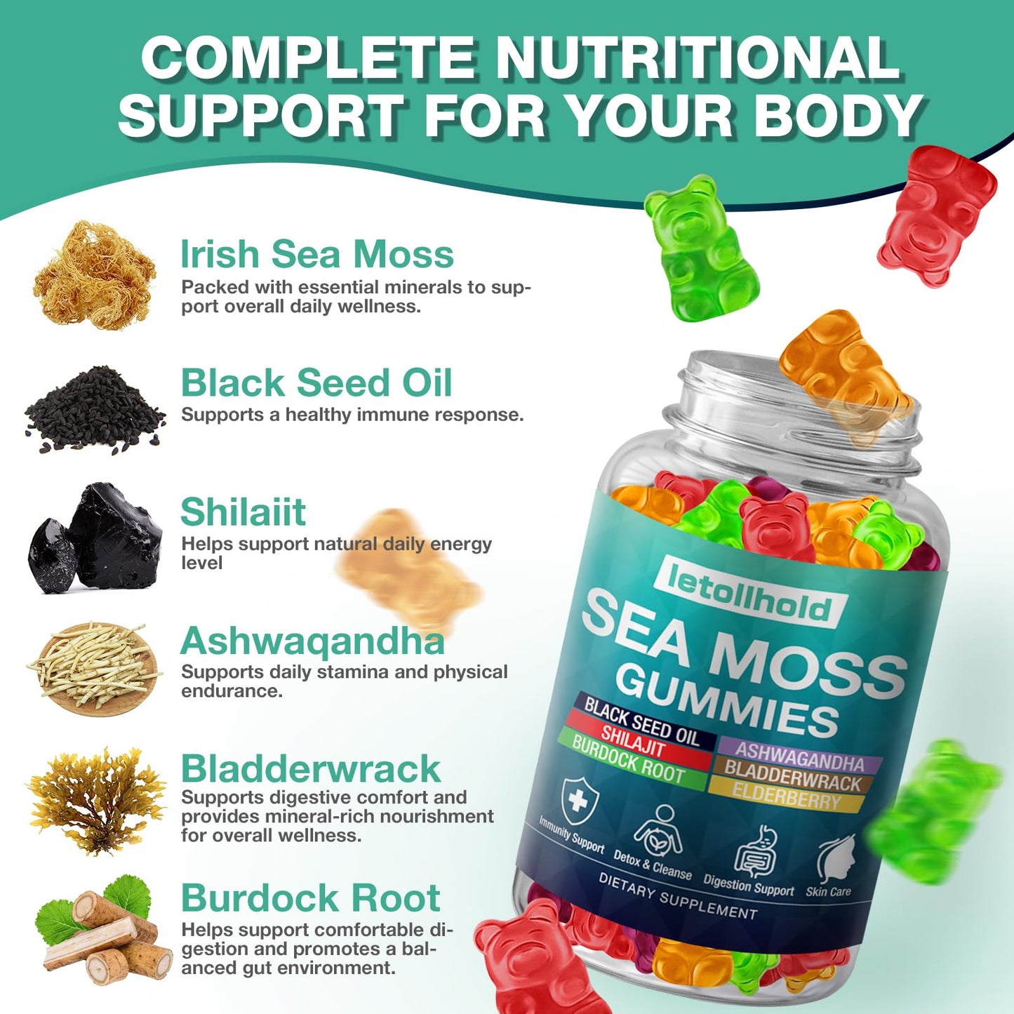 Sea Moss Gummies - Irish Sea Moss Gummies Advanced for Adults with Ashwagandha Bladderwrack & Burdock Root for Supports Immune，Energy - 60 Vegan Gummy,2PCS - dailyvitalstore