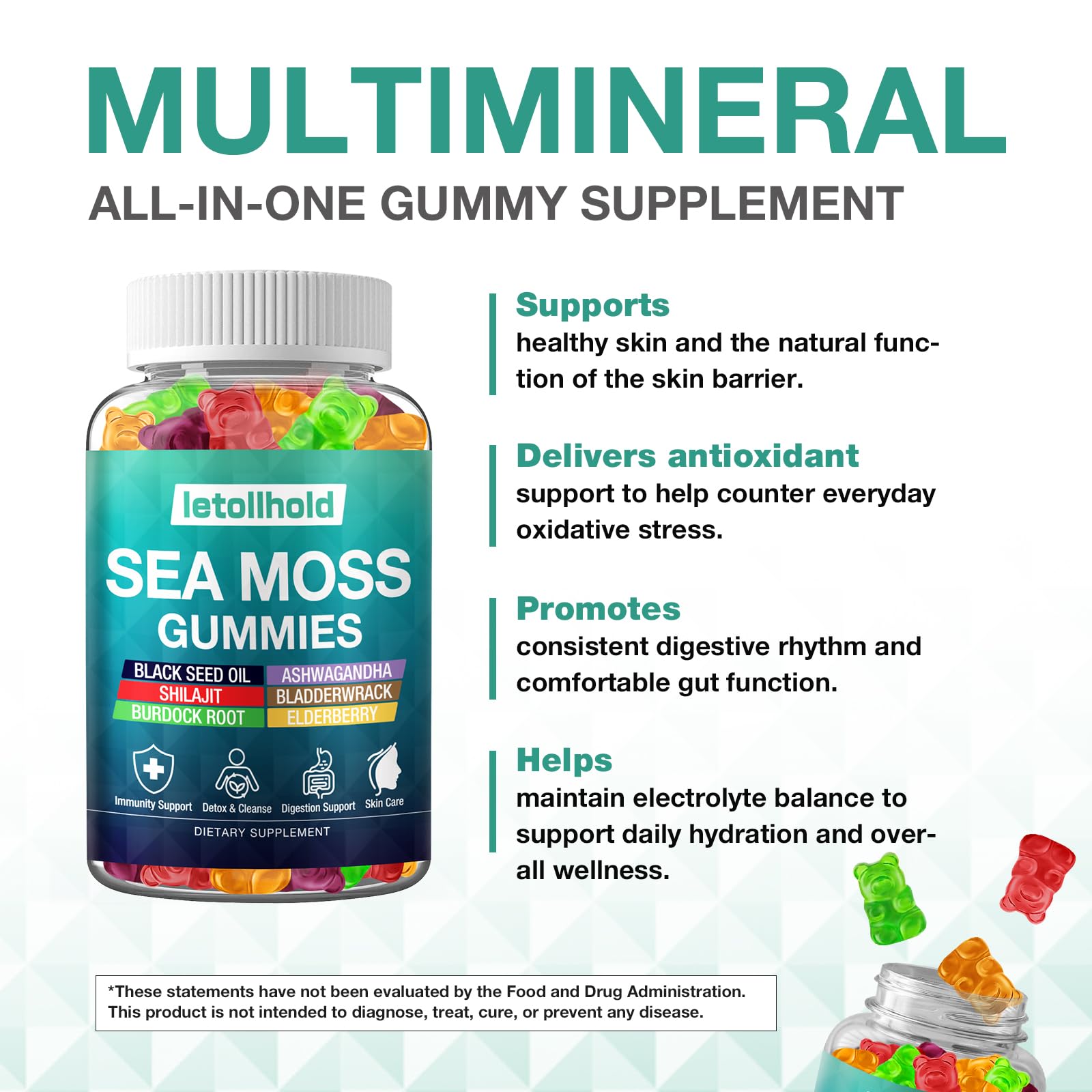 Sea Moss Gummies - Irish Sea Moss Gummies Advanced for Adults with Ashwagandha Bladderwrack & Burdock Root for Supports Immune，Energy - 60 Vegan Gummy,2PCS - dailyvitalstore