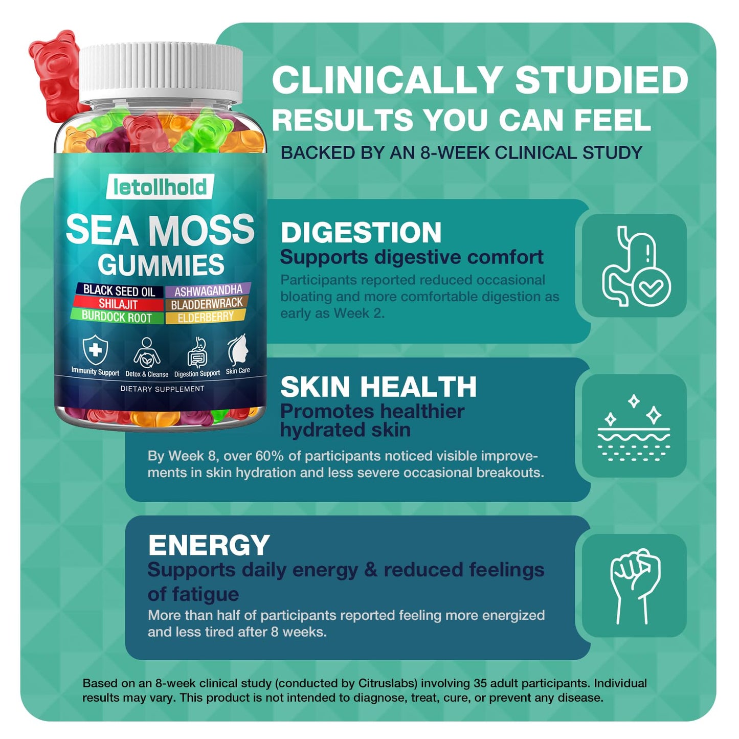Sea Moss Gummies - Irish Sea Moss Gummies Advanced for Adults with Ashwagandha Bladderwrack & Burdock Root for Supports Immune，Energy - 60 Vegan Gummy,2PCS - dailyvitalstore