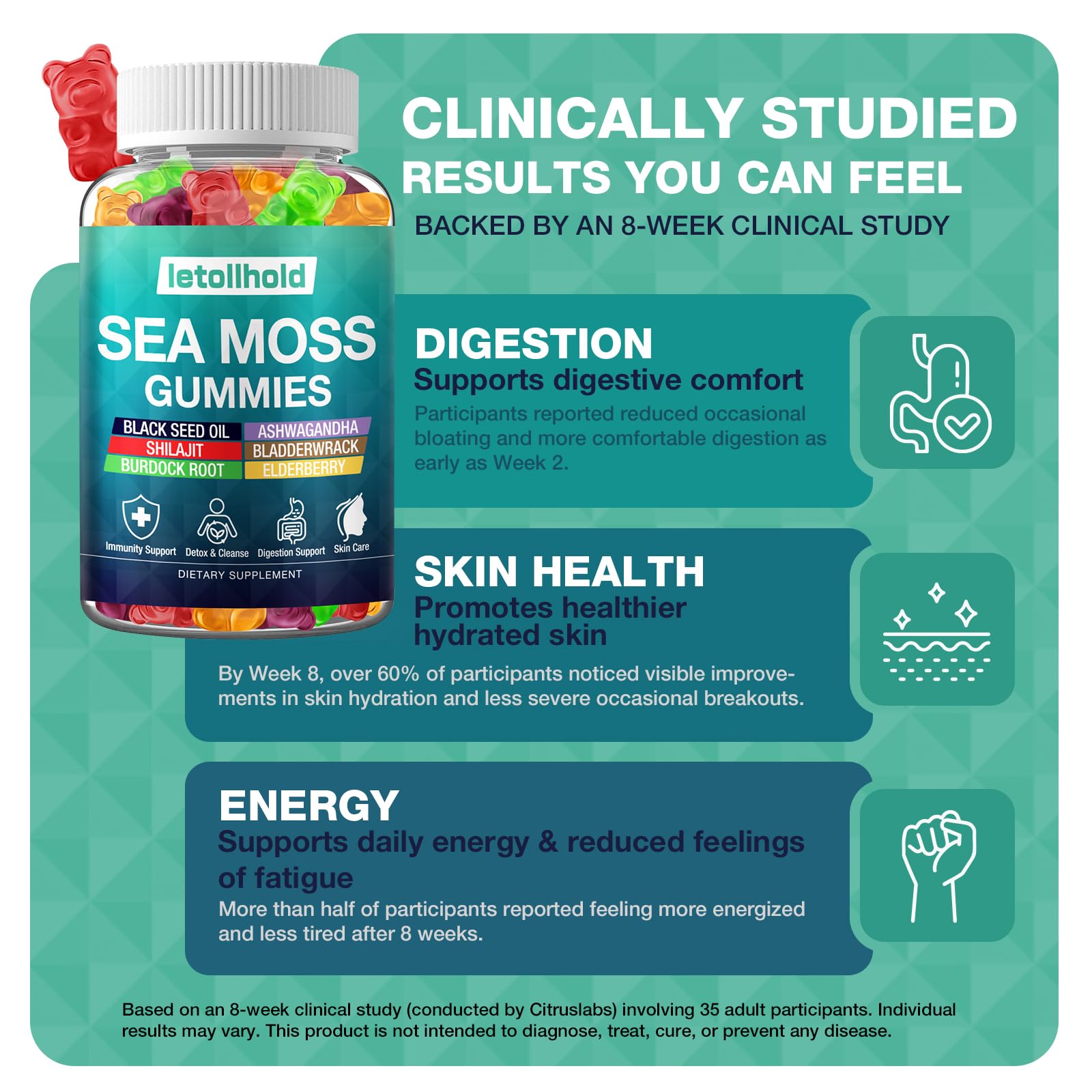 Sea Moss Gummies - Irish Sea Moss Gummies Advanced for Adults with Ashwagandha Bladderwrack & Burdock Root for Supports Immune，Energy - 60 Vegan Gummy,2PCS - dailyvitalstore