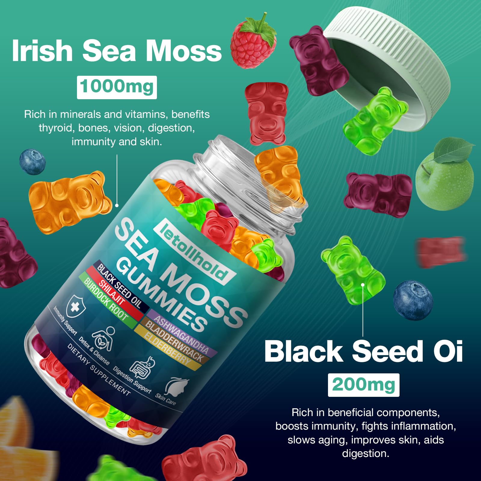 Sea Moss Gummies - Irish Sea Moss Gummies Advanced for Adults with Ashwagandha Bladderwrack & Burdock Root for Supports Immune，Energy - 60 Vegan Gummy,2PCS - dailyvitalstore