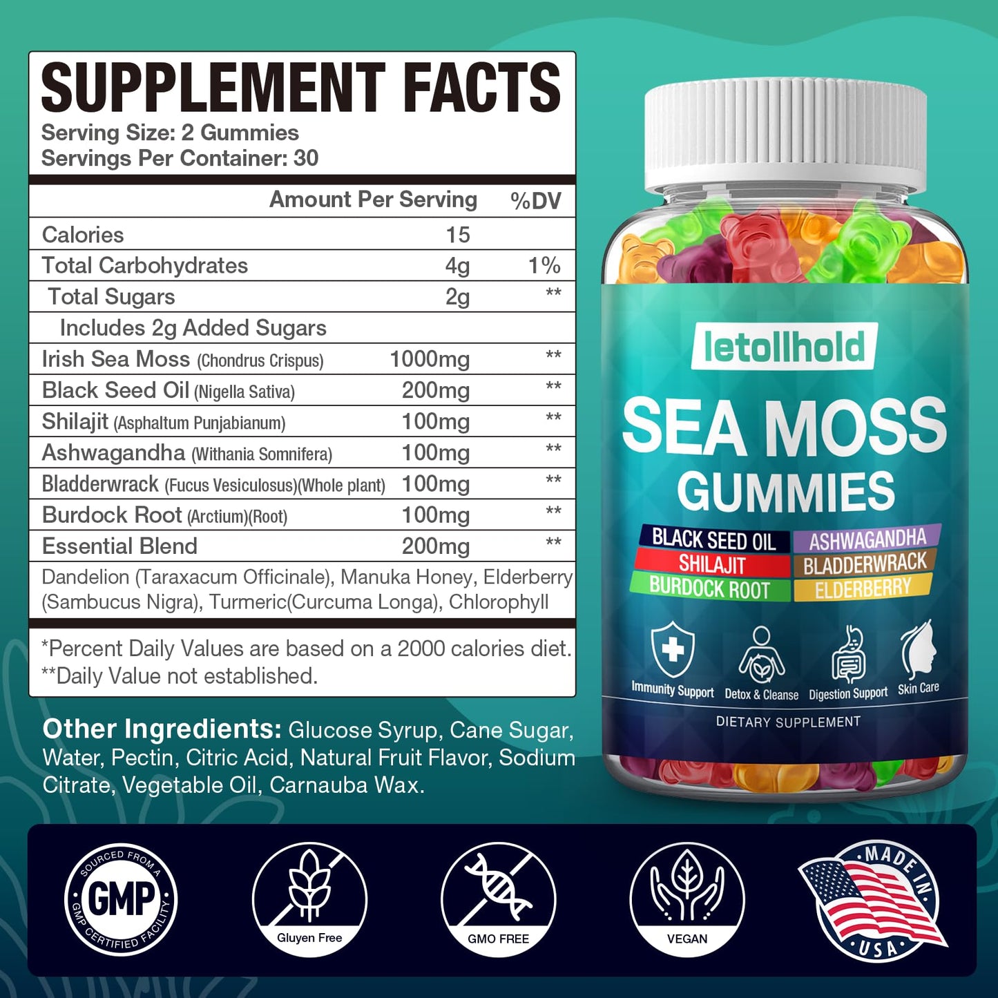 Sea Moss Gummies - Irish Sea Moss Gummies Advanced for Adults with Ashwagandha Bladderwrack & Burdock Root for Supports Immune，Energy - 60 Vegan Gummy,2PCS - dailyvitalstore