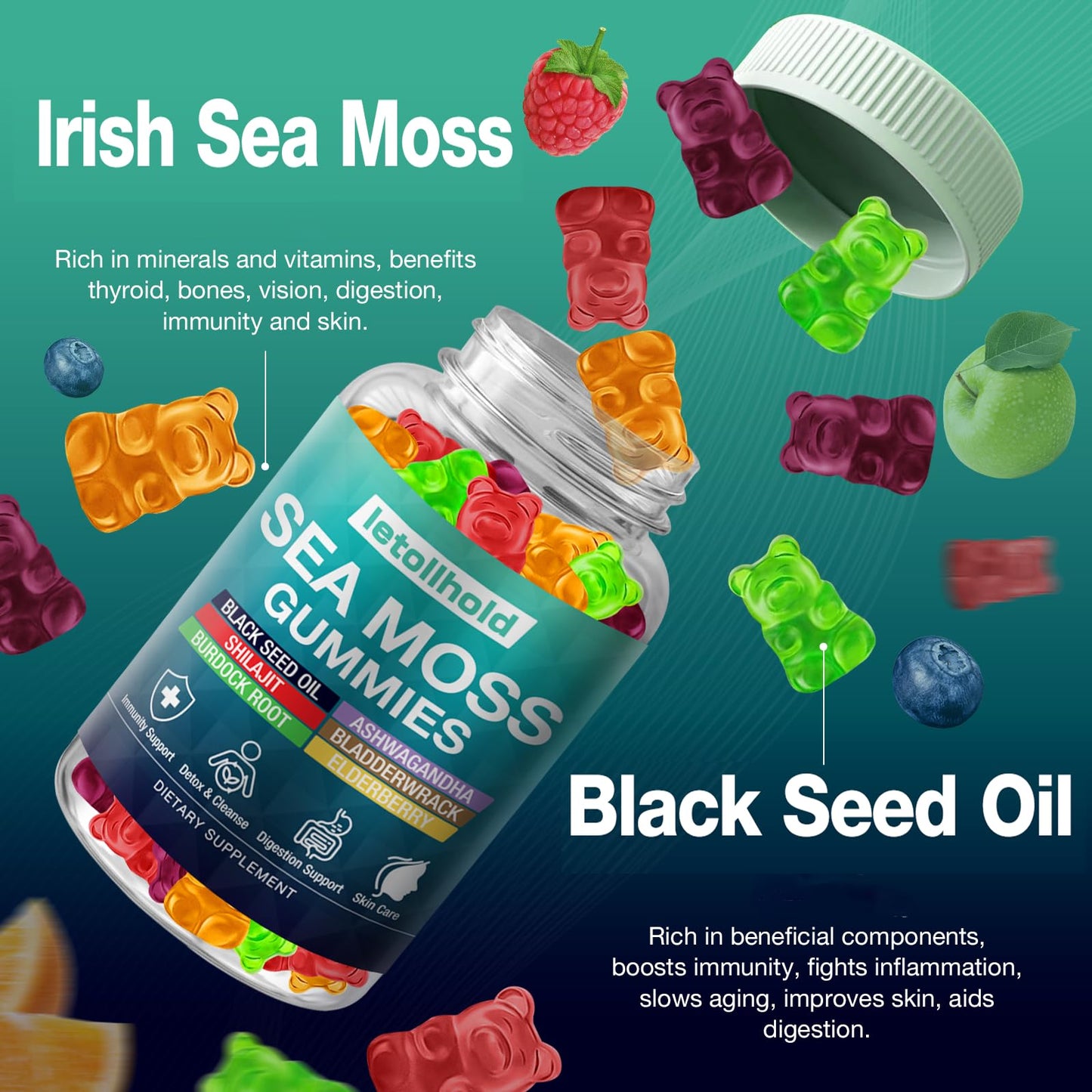 Sea Moss Gummies - Irish Sea Moss Gummies Advanced for Adults with Ashwagandha Bladderwrack & Burdock Root for Supports Immune，Energy - 60 Vegan Gummy,5PCS - dailyvitalstore