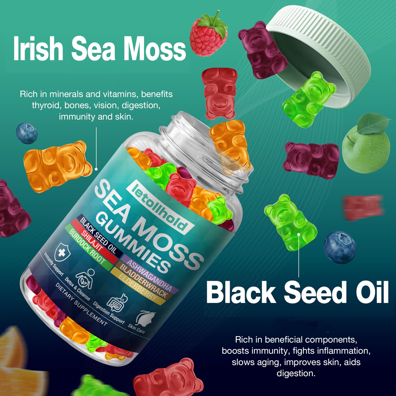 Sea Moss Gummies - Irish Sea Moss Gummies Advanced for Adults with Ashwagandha Bladderwrack & Burdock Root for Supports Immune，Energy - 60 Vegan Gummy,5PCS - dailyvitalstore