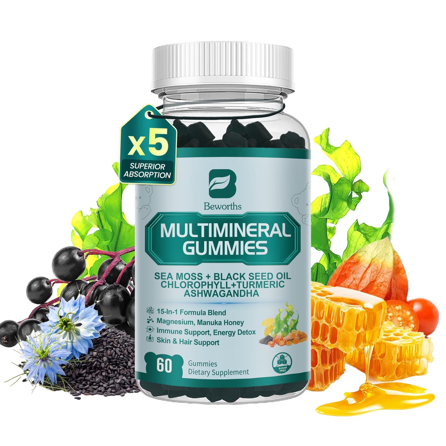 Sea Moss Gummies with Ashwagandha & Chlorophyll, Immune, Digestive and Gut Detox Support, Powered by Black Seed Oil, Vitamin C, Vitamin D & Magnesium, GMO, Vegan, Apple Flavor, 60 SeaMoss Gummies - dailyvitalstore