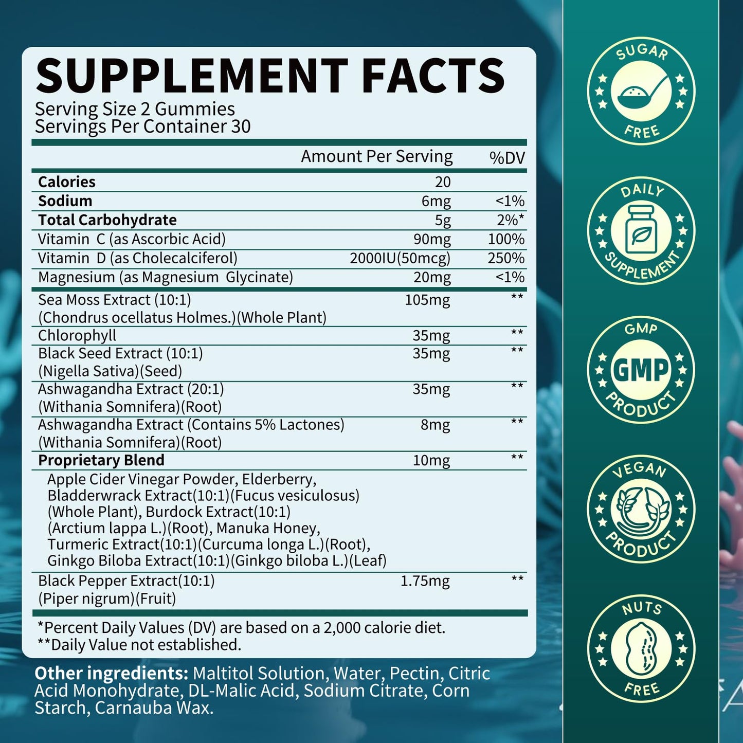 Sea Moss Gummies with Ashwagandha & Chlorophyll, Immune, Digestive and Gut Detox Support, Powered by Black Seed Oil, Vitamin C, Vitamin D & Magnesium, GMO, Vegan, Apple Flavor, 60 SeaMoss Gummies - dailyvitalstore