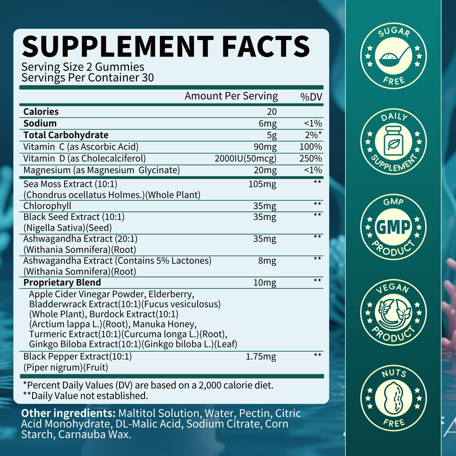 Sea Moss Gummies with Ashwagandha & Chlorophyll, Immune, Digestive and Gut Detox Support, Powered by Black Seed Oil, Vitamin C, Vitamin D & Magnesium, GMO, Vegan, Apple Flavor, 60 SeaMoss Gummies - dailyvitalstore