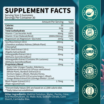 Sea Moss Gummies with Ashwagandha & Chlorophyll, Immune, Digestive and Gut Detox Support, Powered by Black Seed Oil, Vitamin C, Vitamin D & Magnesium, GMO, Vegan, Apple Flavor, 60 SeaMoss Gummies - dailyvitalstore
