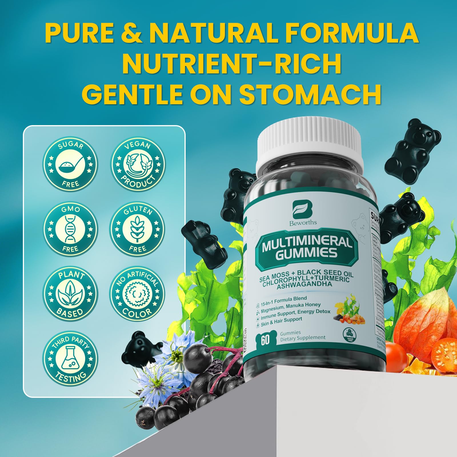 Sea Moss Gummies with Ashwagandha & Chlorophyll, Immune, Digestive and Gut Detox Support, Powered by Black Seed Oil, Vitamin C, Vitamin D & Magnesium, GMO, Vegan, Apple Flavor, 60 SeaMoss Gummies - dailyvitalstore