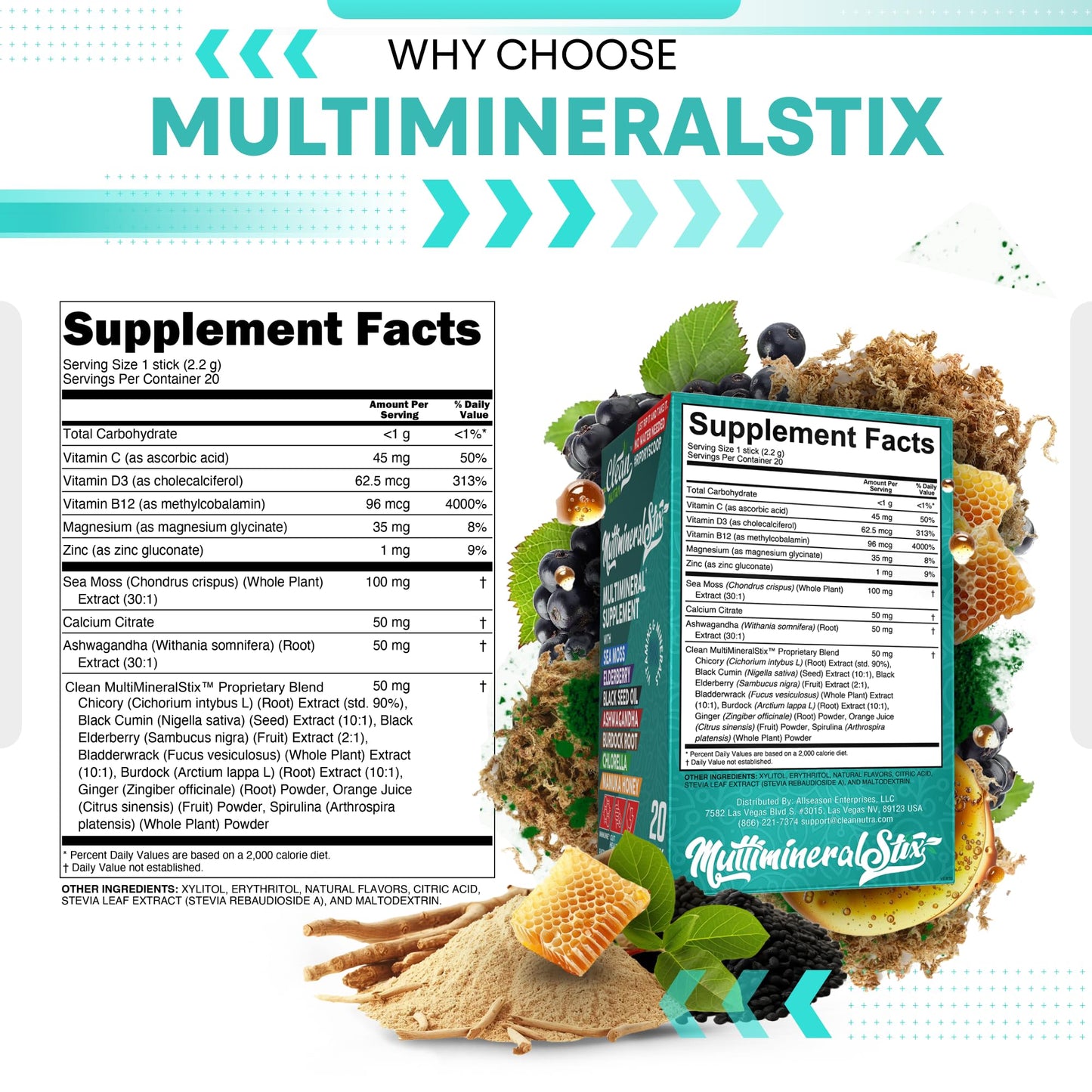 Sea Moss Powder Elderberry Ashwagandha Chlorella Manuka Honey VitaminD3 Vitamin C Zinc Spirulina Iodine Greens Detox Immune Support Sugar Free Hydration Powder Drink Mix – 20 Sticks - dailyvitalstore