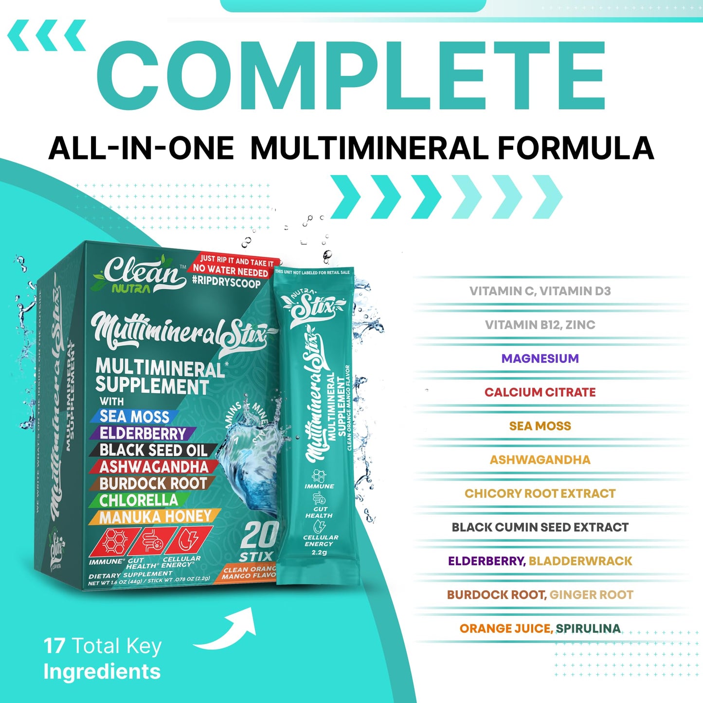 Sea Moss Powder Elderberry Ashwagandha Chlorella Manuka Honey VitaminD3 Vitamin C Zinc Spirulina Iodine Greens Detox Immune Support Sugar Free Hydration Powder Drink Mix – 20 Sticks - dailyvitalstore