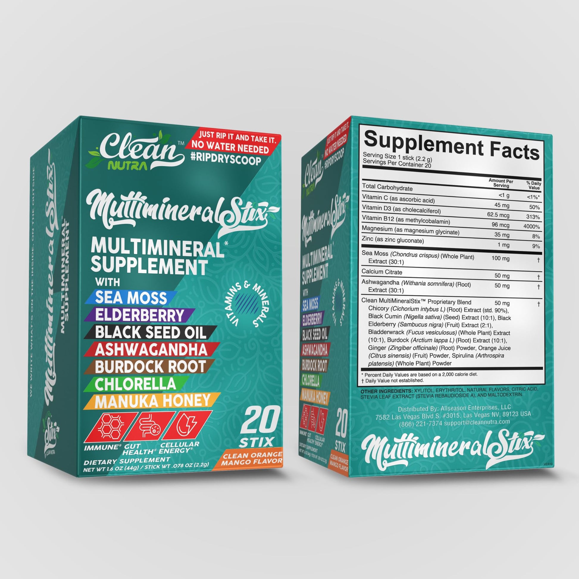 Sea Moss Powder Elderberry Ashwagandha Chlorella Manuka Honey VitaminD3 Vitamin C Zinc Spirulina Iodine Greens Detox Immune Support Sugar Free Hydration Powder Drink Mix – 20 Sticks - dailyvitalstore