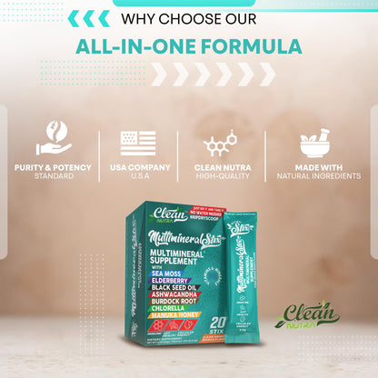 Sea Moss Powder Elderberry Ashwagandha Chlorella Manuka Honey VitaminD3 Vitamin C Zinc Spirulina Iodine Greens Detox Immune Support Sugar Free Hydration Powder Drink Mix – 20 Sticks - dailyvitalstore