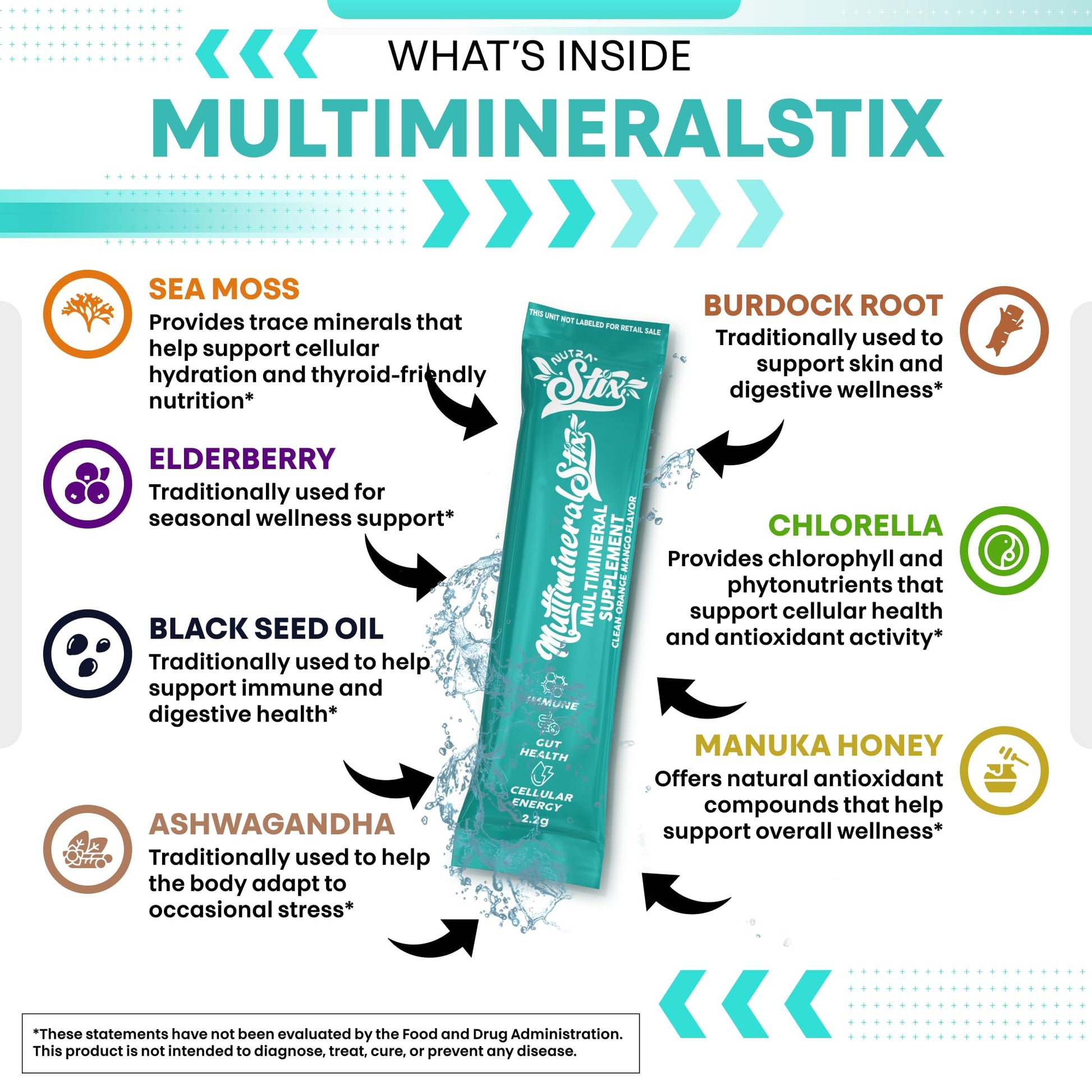 Sea Moss Powder Elderberry Ashwagandha Chlorella Manuka Honey VitaminD3 Vitamin C Zinc Spirulina Iodine Greens Detox Immune Support Sugar Free Hydration Powder Drink Mix – 20 Sticks - dailyvitalstore
