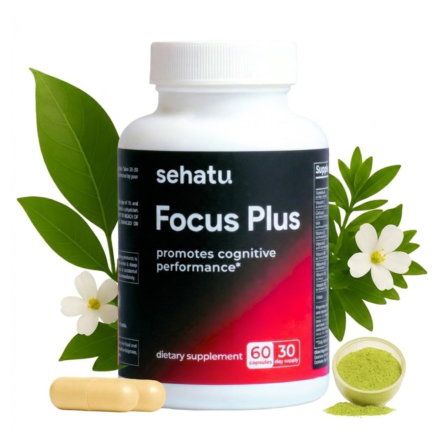 SEHATU Focus Plus Cognitive Performance Enhancer | with N-Acetyl L-Tyrosine, DMAE Bitartrate, GABA, Glutamic Acid | Boosts Focus, Enhances Memory, Supports Brain Health | 60 Count | 30 Day Supply - dailyvitalstore