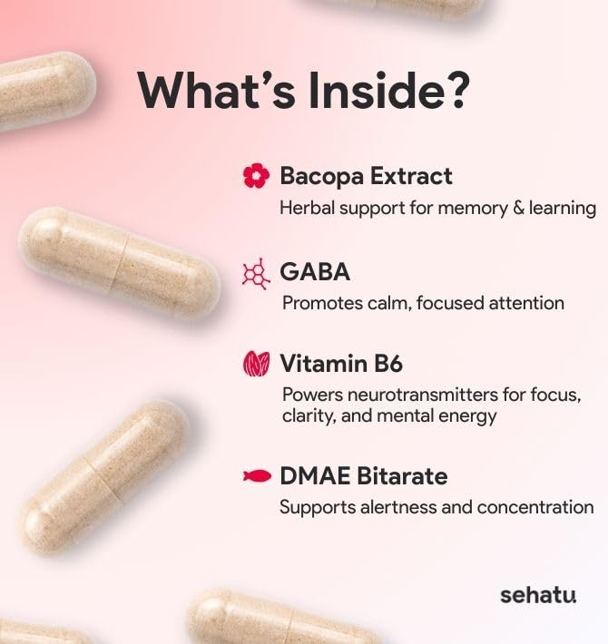 SEHATU Focus Plus Cognitive Performance Enhancer | with N-Acetyl L-Tyrosine, DMAE Bitartrate, GABA, Glutamic Acid | Boosts Focus, Enhances Memory, Supports Brain Health | 60 Count | 30 Day Supply - dailyvitalstore
