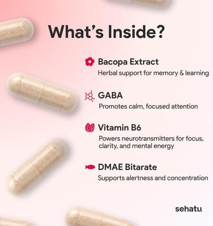 SEHATU Focus Plus Cognitive Performance Enhancer | with N-Acetyl L-Tyrosine, DMAE Bitartrate, GABA, Glutamic Acid | Boosts Focus, Enhances Memory, Supports Brain Health | 60 Count | 30 Day Supply - dailyvitalstore