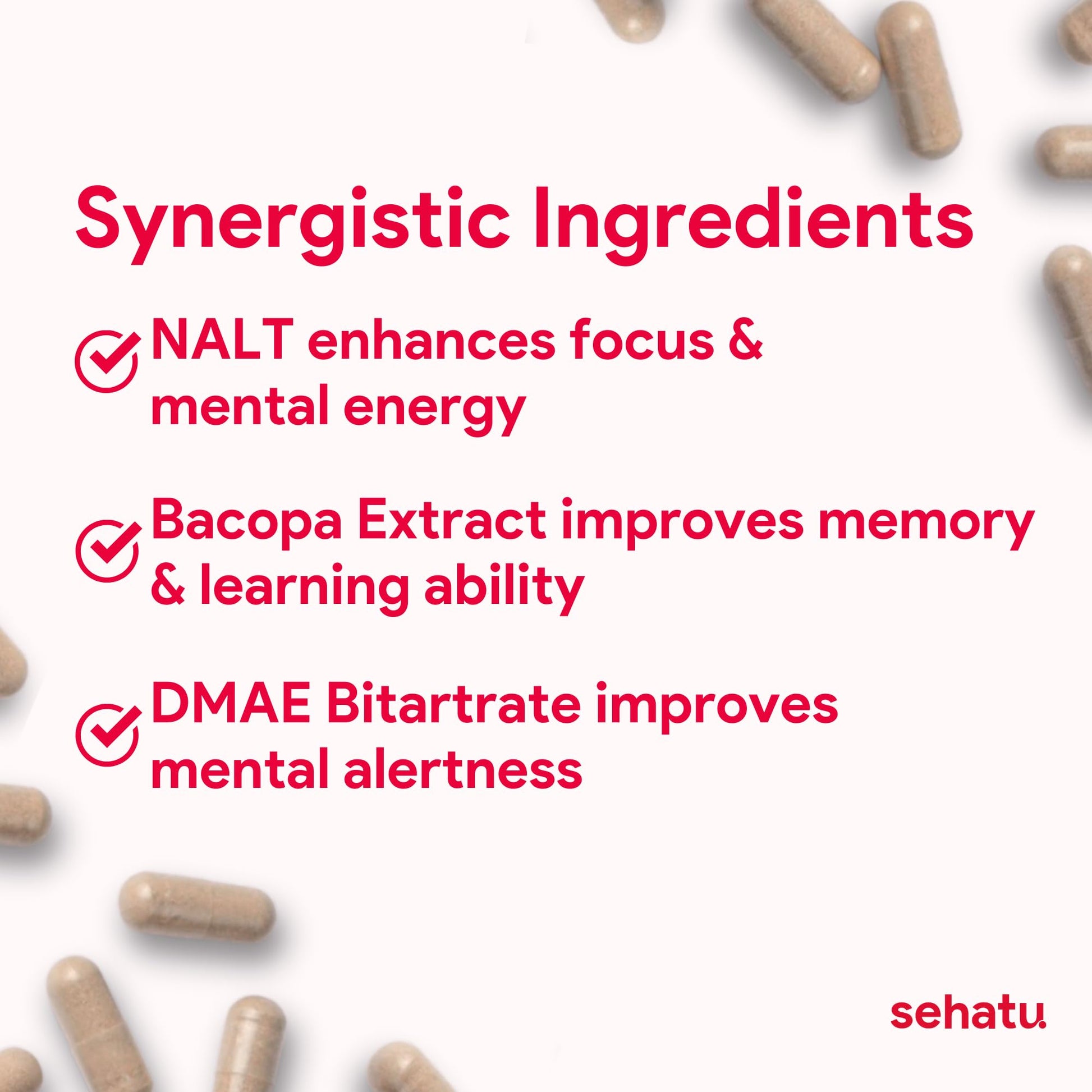 SEHATU Focus Plus Cognitive Performance Enhancer | with N-Acetyl L-Tyrosine, DMAE Bitartrate, GABA, Glutamic Acid | Boosts Focus, Enhances Memory, Supports Brain Health | 60 Count | 30 Day Supply - dailyvitalstore