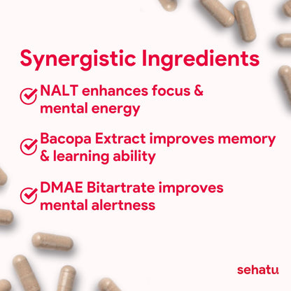 SEHATU Focus Plus Cognitive Performance Enhancer | with N-Acetyl L-Tyrosine, DMAE Bitartrate, GABA, Glutamic Acid | Boosts Focus, Enhances Memory, Supports Brain Health | 60 Count | 30 Day Supply - dailyvitalstore