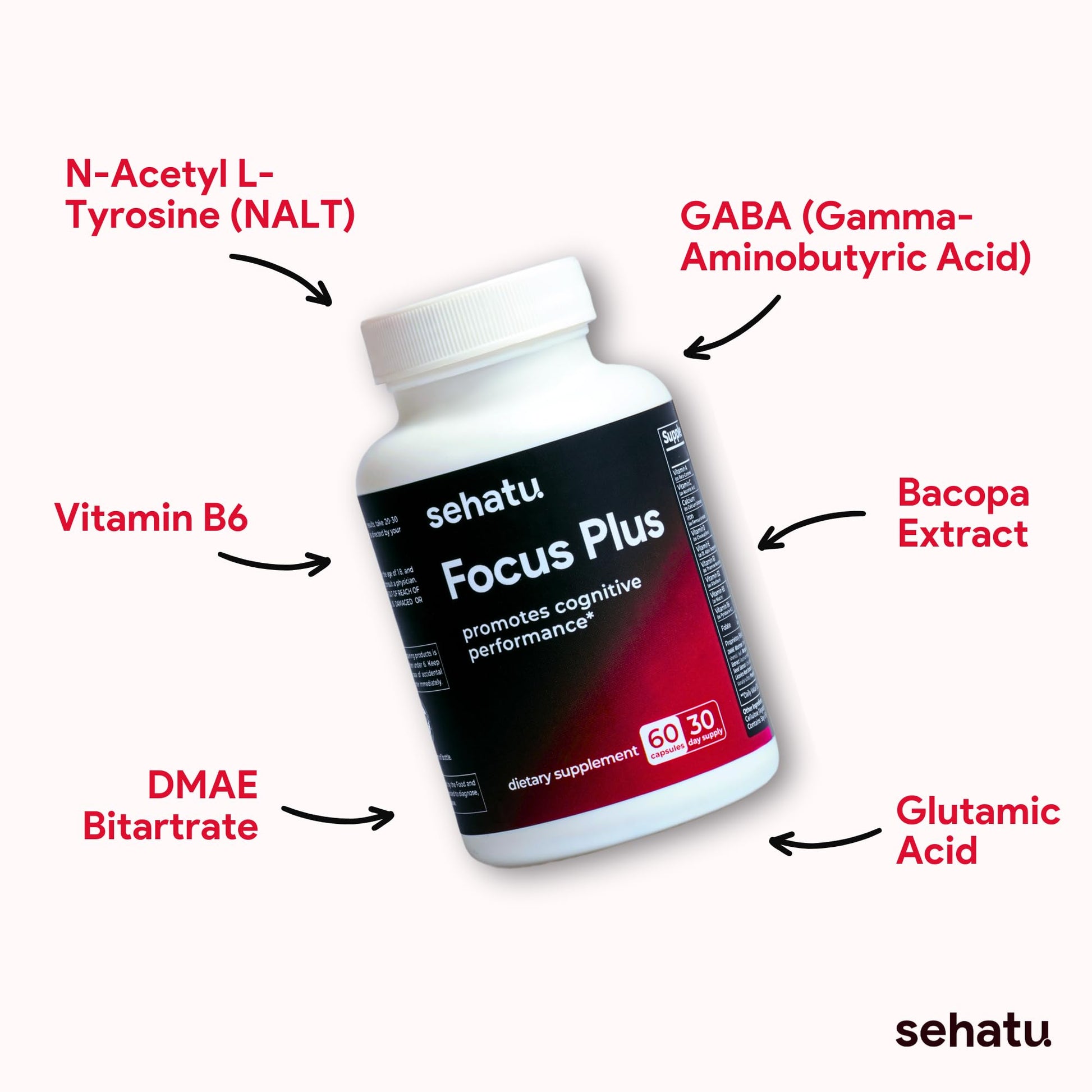 SEHATU Focus Plus Cognitive Performance Enhancer | with N-Acetyl L-Tyrosine, DMAE Bitartrate, GABA, Glutamic Acid | Boosts Focus, Enhances Memory, Supports Brain Health | 60 Count | 30 Day Supply - dailyvitalstore
