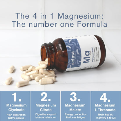 SEIMA - 4-in-1 Magnesium Complex – 1200 mg with Glycinate, Citrate, L-Threonate and Malate – Sleep, Stress Relief, Muscle Recovery, Energy and Well-Being for Women and Men, 90 Capsules - dailyvitalstore