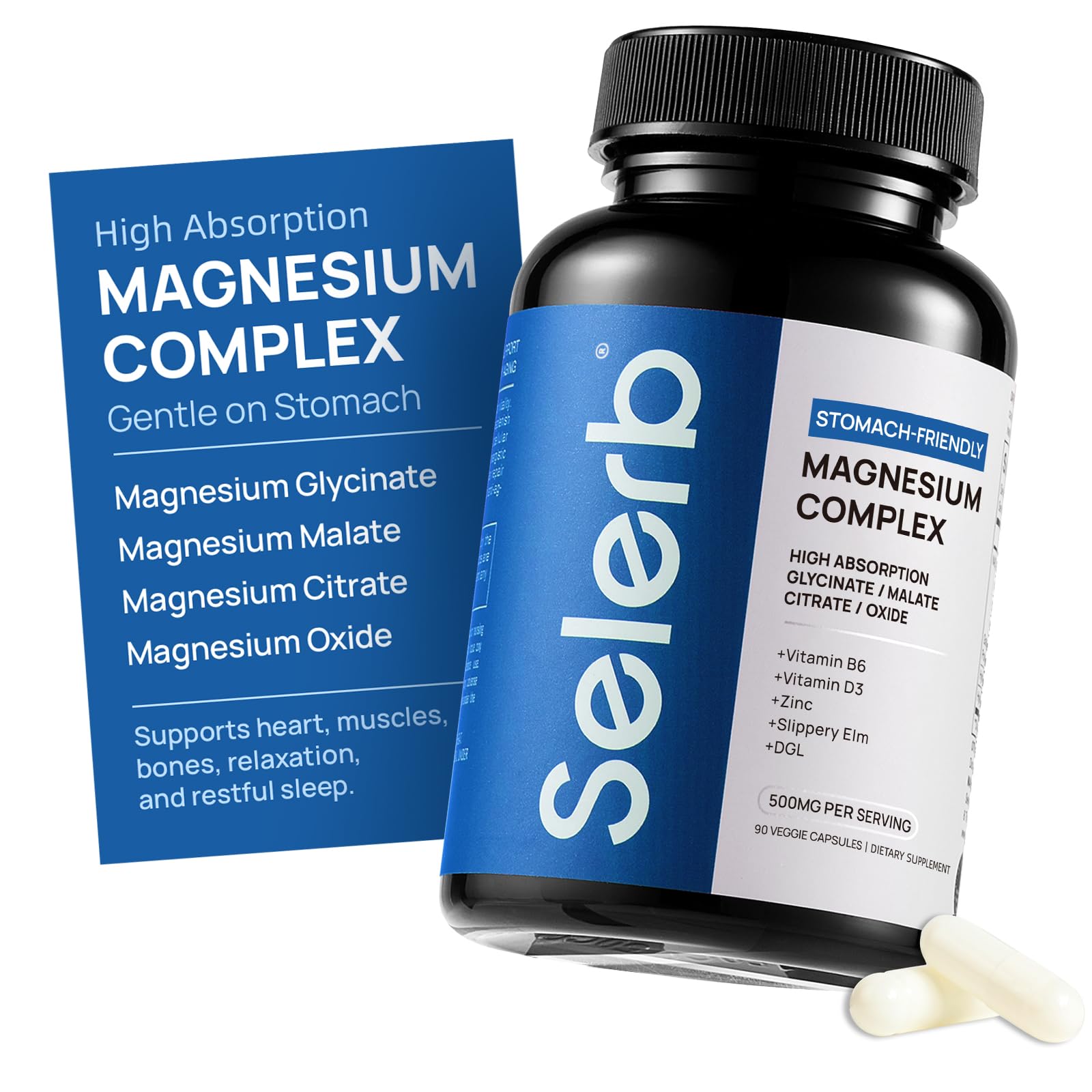 Selerb Magnesium Complex for Women and Men-Glycinate,Malate,Citrate,Oxide Supports Calm, Sleep, Muscle & Energy with D3, B6, Zinc, Slippery Elm & DGL Gentle on Stomach 90 Capsules - dailyvitalstore