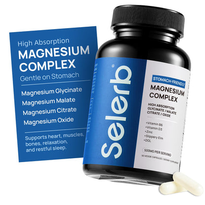 Selerb Magnesium Complex for Women and Men-Glycinate,Malate,Citrate,Oxide Supports Calm, Sleep, Muscle & Energy with D3, B6, Zinc, Slippery Elm & DGL Gentle on Stomach 90 Capsules - dailyvitalstore