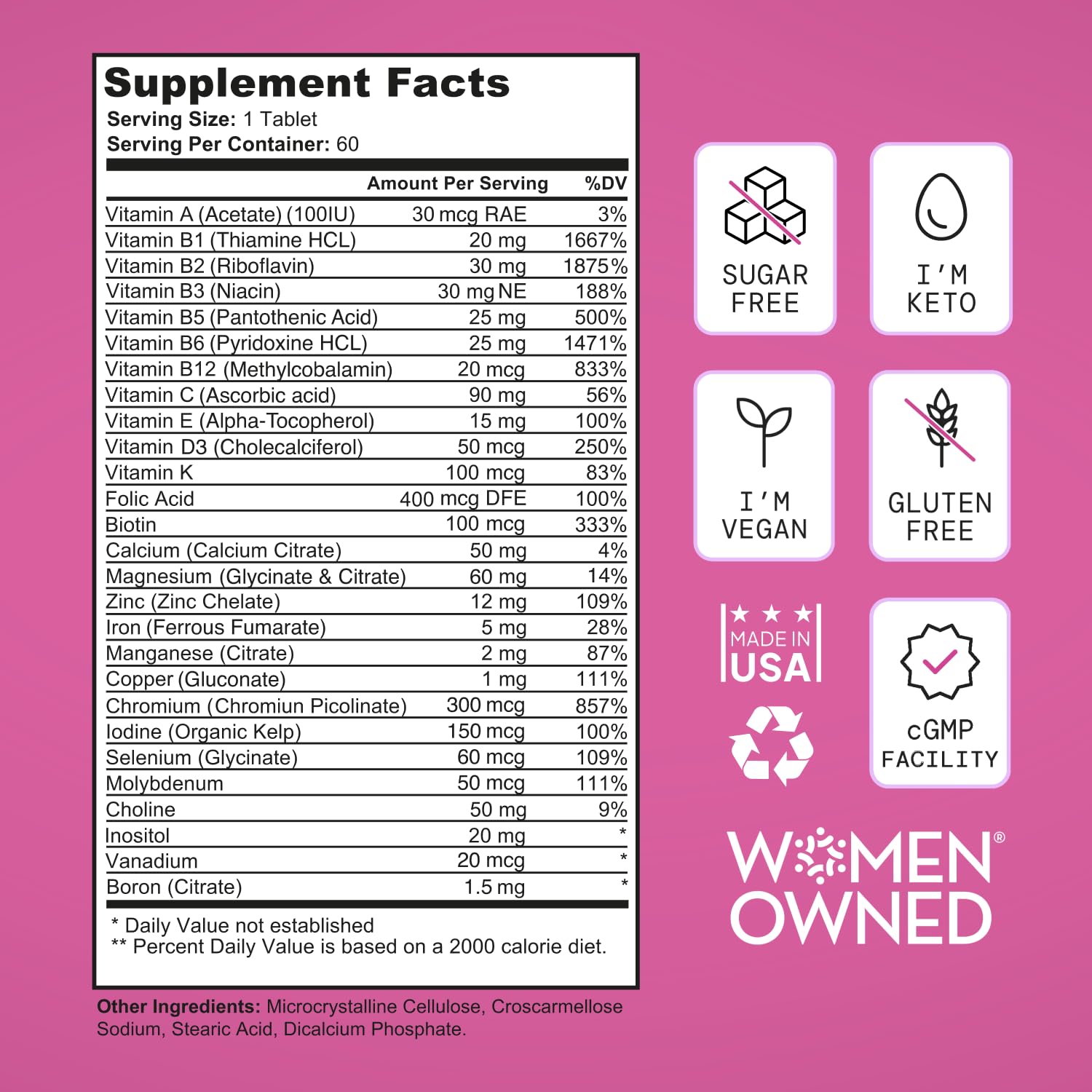 SELF NUTRITION Vegan Multivitamins for Women - Once Daily - 28 Nutrients - Boost Energy, Sleep, Hair, Skin, Nails & Reduce Cravings - Keto, Vegan, Gluten Free, Made in USA, 2-Months Supply - dailyvitalstore