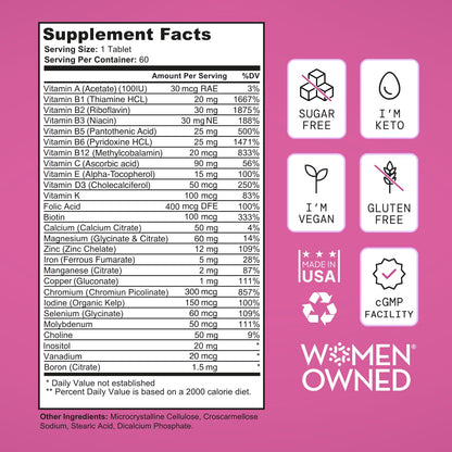 SELF NUTRITION Vegan Multivitamins for Women - Once Daily - 28 Nutrients - Boost Energy, Sleep, Hair, Skin, Nails & Reduce Cravings - Keto, Vegan, Gluten Free, Made in USA, 2-Months Supply - dailyvitalstore