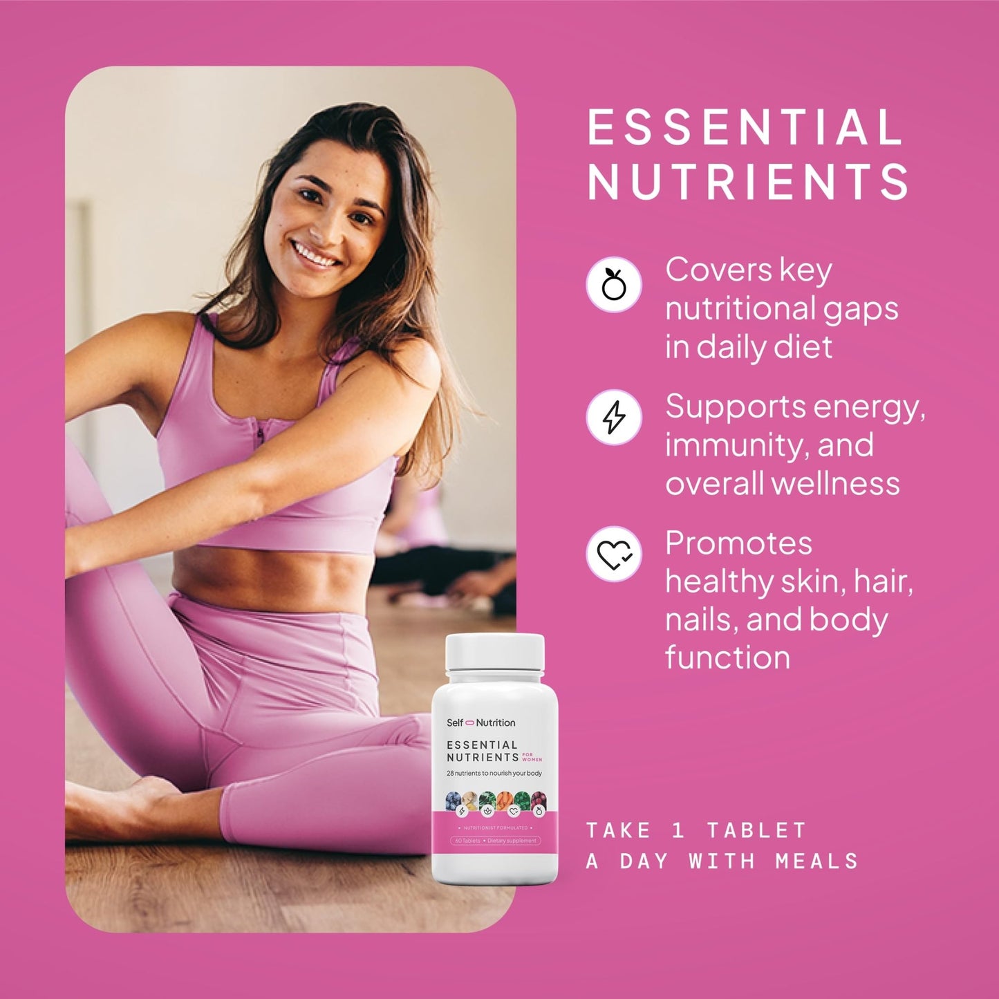 SELF NUTRITION Vegan Multivitamins for Women - Once Daily - 28 Nutrients - Boost Energy, Sleep, Hair, Skin, Nails & Reduce Cravings - Keto, Vegan, Gluten Free, Made in USA, 2-Months Supply - dailyvitalstore