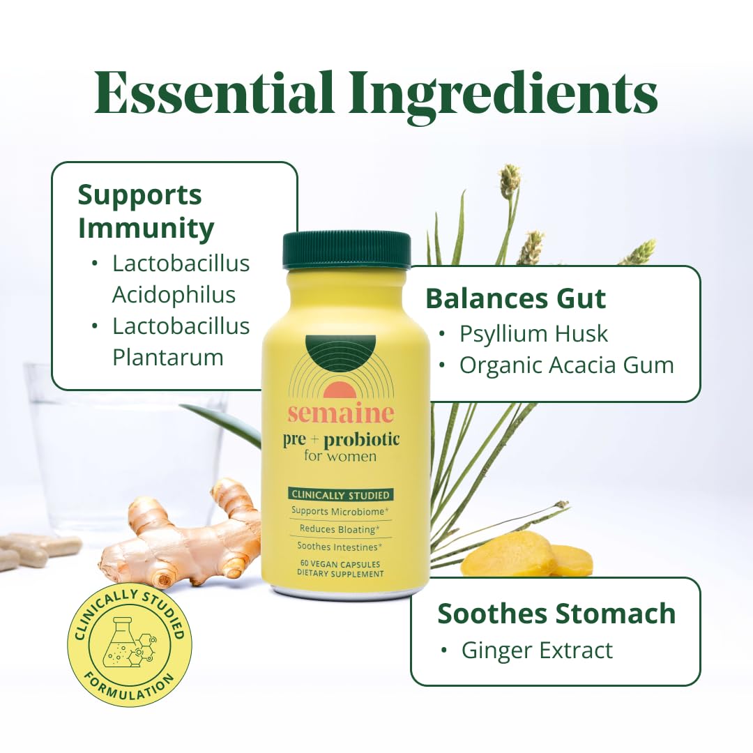 Semaine Super Powered Prebiotic + Probiotic for Women, Effective 3-in-1 Multi-Action Formula to Nourish Gut Health, Soothe IBS, Support Bloat Relief - dailyvitalstore