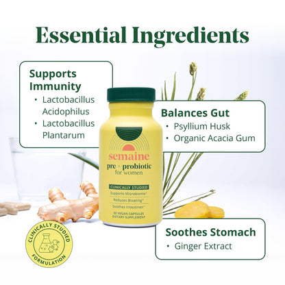 Semaine Super Powered Prebiotic + Probiotic for Women, Effective 3-in-1 Multi-Action Formula to Nourish Gut Health, Soothe IBS, Support Bloat Relief - dailyvitalstore