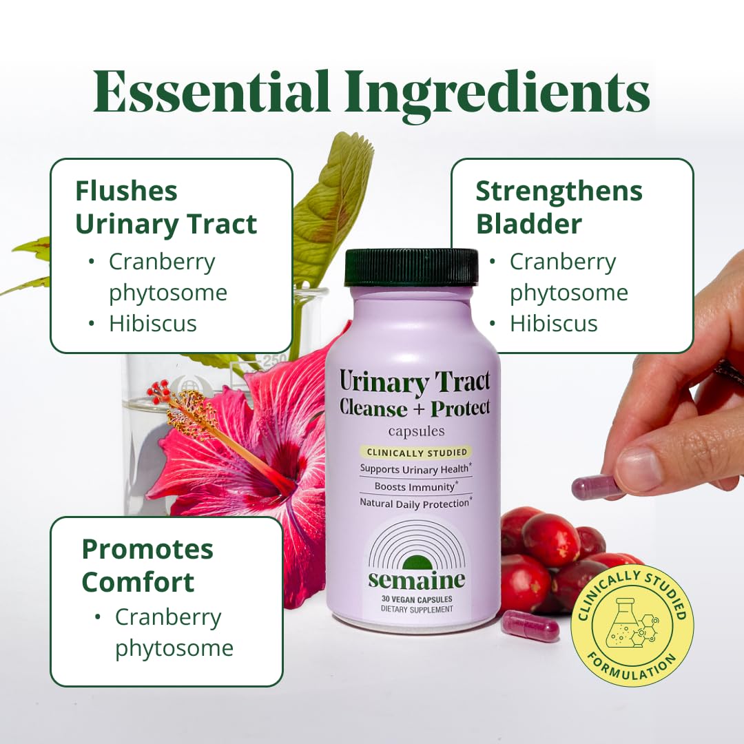 Semaine Urinary Tract Cleanse & Protect – 30 ct, Bladder Support Supplement for Women, Flushes Urinary Tract. Combines Cranberry Proanthocyanidins with Hibiscus. - dailyvitalstore