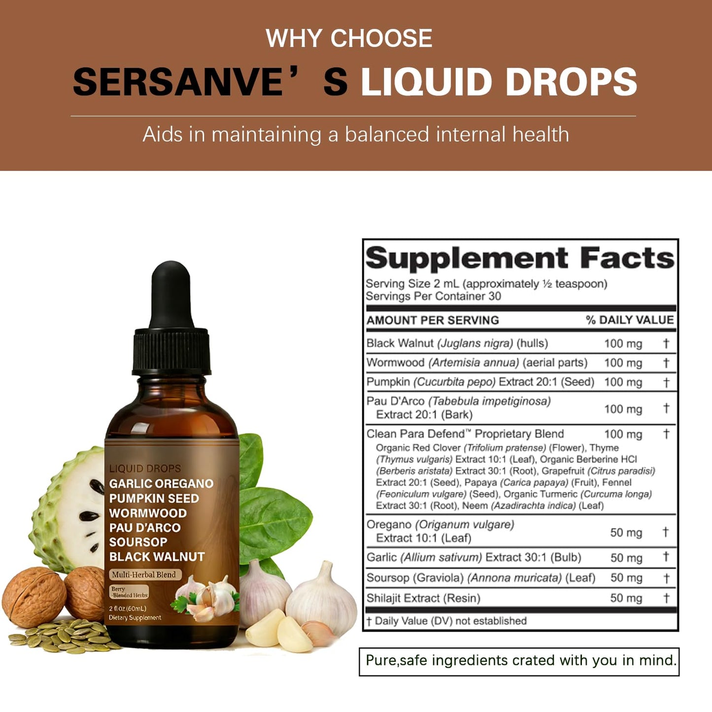 SERSANVE Natural Black Walnut Wormwood Gut Cleanse | Black Walnut Clove Drops with Pumpkin Seed, PAU D’Arco, Soursop, Garlic and Oregano | Vegan, Alcohol-Free Formula for Digestion Support, 2 fl oz - dailyvitalstore