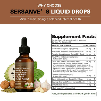 SERSANVE Natural Black Walnut Wormwood Gut Cleanse | Black Walnut Clove Drops with Pumpkin Seed, PAU D’Arco, Soursop, Garlic and Oregano | Vegan, Alcohol-Free Formula for Digestion Support, 2 fl oz - dailyvitalstore