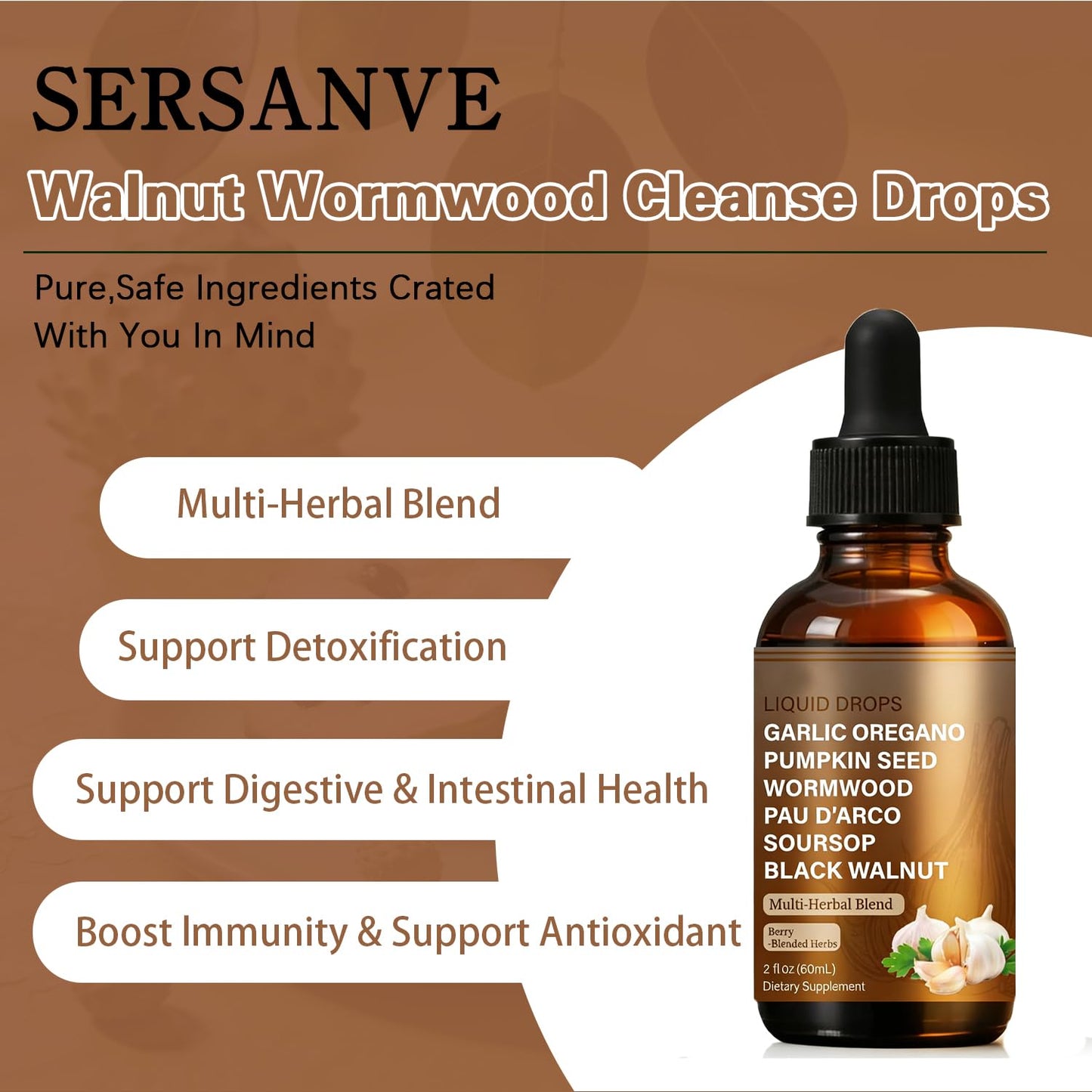 SERSANVE Natural Black Walnut Wormwood Gut Cleanse | Black Walnut Clove Drops with Pumpkin Seed, PAU D’Arco, Soursop, Garlic and Oregano | Vegan, Alcohol-Free Formula for Digestion Support, 2 fl oz - dailyvitalstore