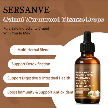 SERSANVE Natural Black Walnut Wormwood Gut Cleanse | Black Walnut Clove Drops with Pumpkin Seed, PAU D’Arco, Soursop, Garlic and Oregano | Vegan, Alcohol-Free Formula for Digestion Support, 2 fl oz - dailyvitalstore